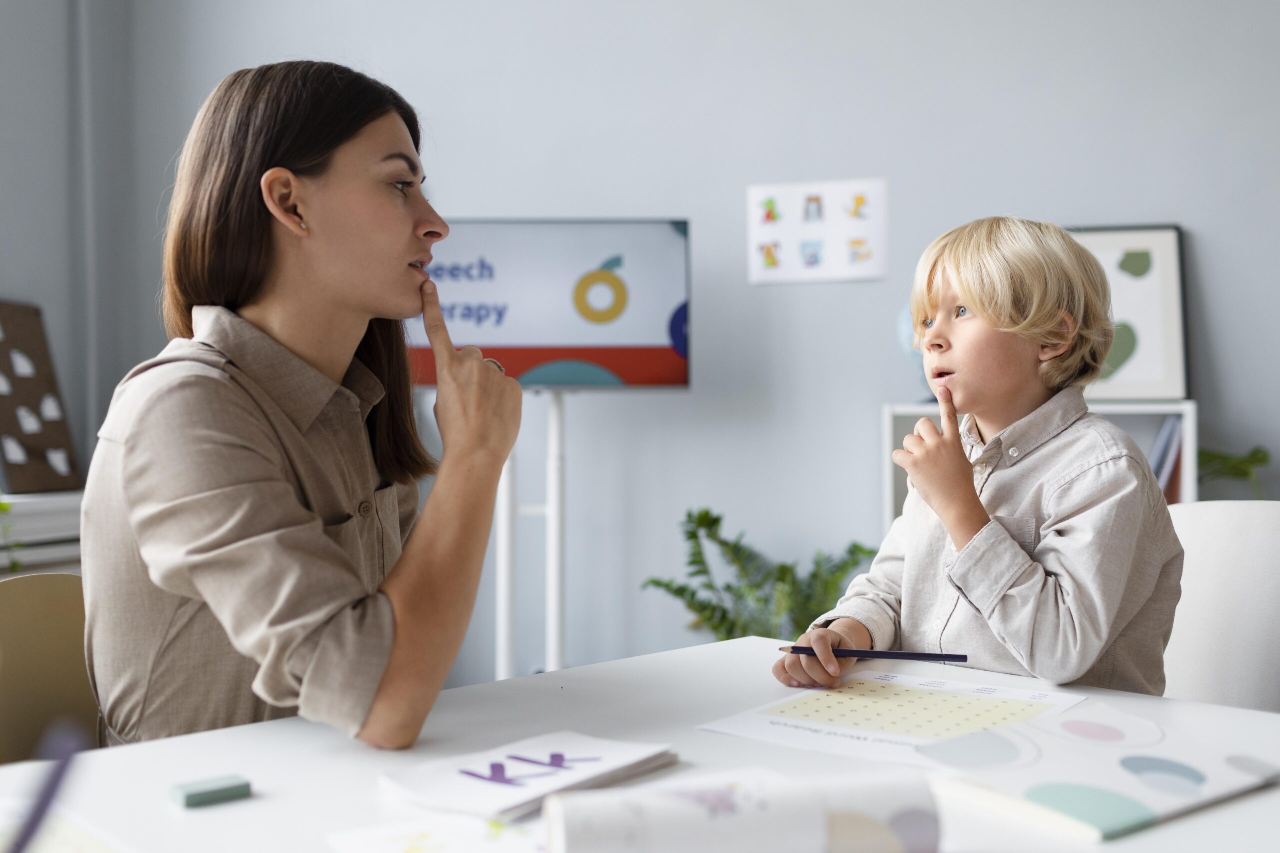 A female speech therapist and a young boy practice speech sounds together during a therapy session.