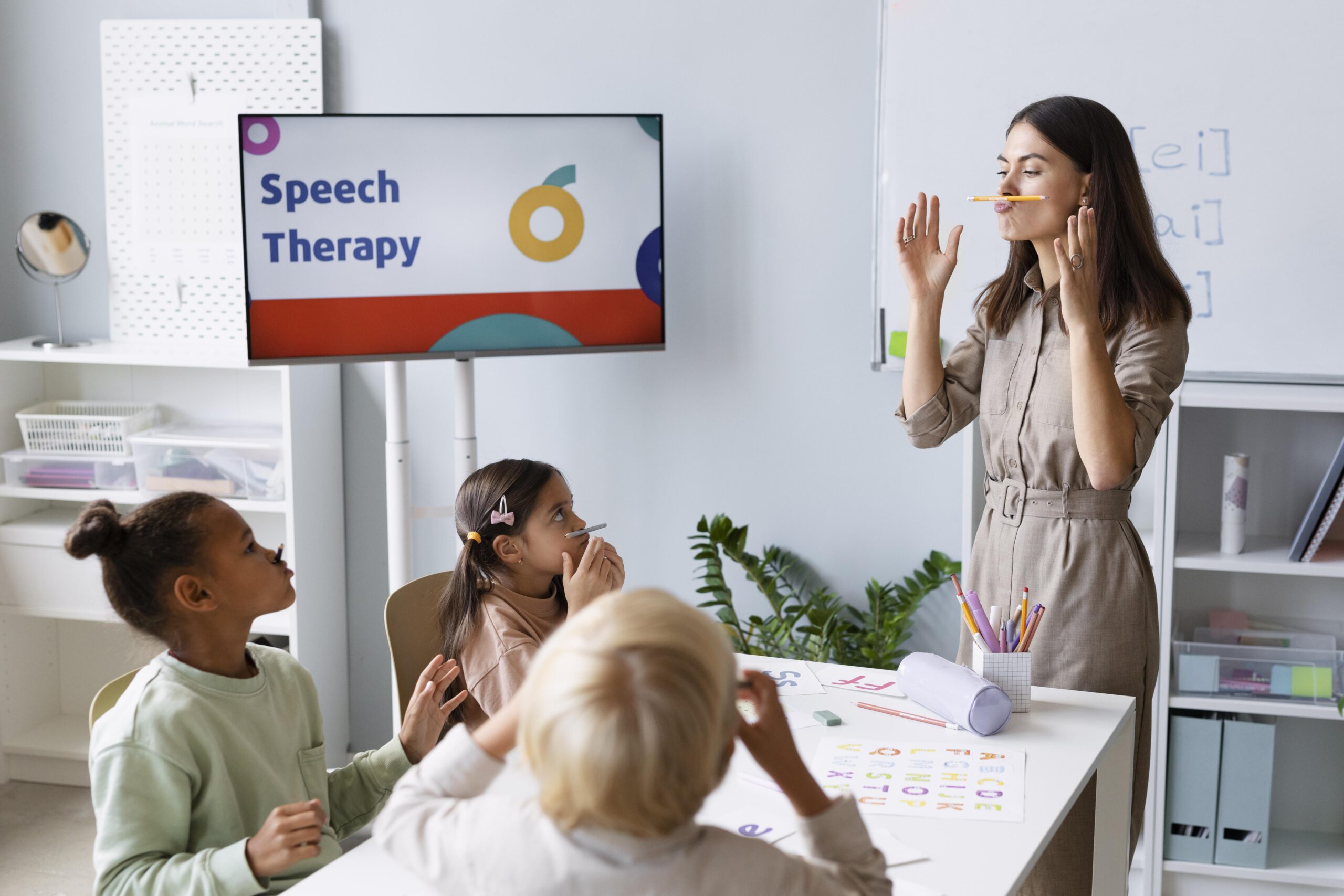 Speech therapist conducting a fun speech therapy session with children in a classroom setting.